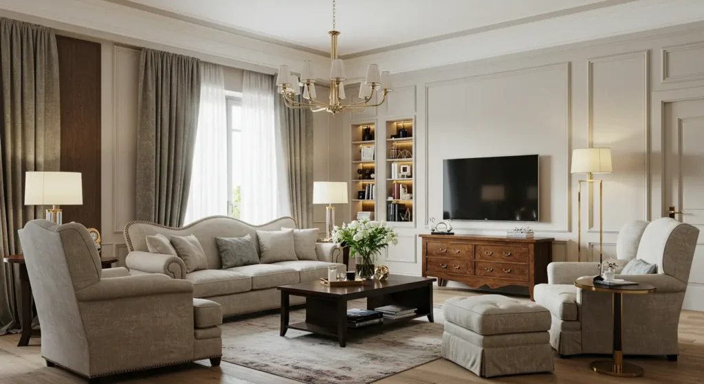 A warm, rustic living room featuring a gray sofa and a natural wood coffee table on a dark gray rug. One wall is covered in wood planks with built-in shelving and lighting. A large hanging light fixture with a wire