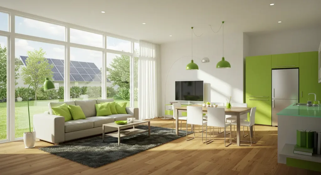 An open-concept living room with large windows overlooking a backyard with solar panels. The room has a white sofa with bright green pillows, a gray shaggy rug, and a light wood floor. A dining table and chairs sit near a kitchen area with vibrant green cabinets.