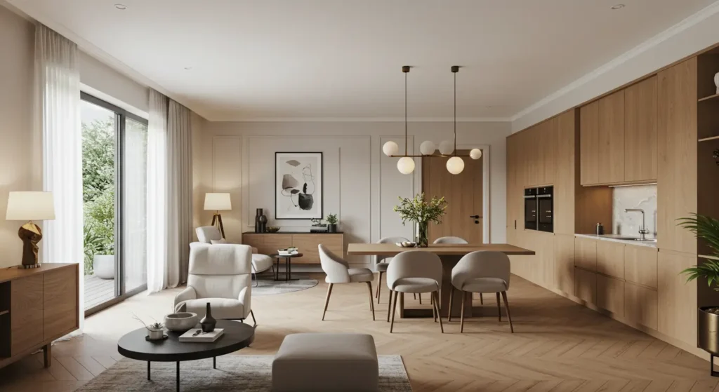 A contemporary, open-concept living and dining room with a clean, neutral aesthetic. The living area features a light-colored armchair, a round black coffee table, and a wooden credenza. In the dining space, a rectangular wooden table is surrounded by four light-colored chairs. The room has light wood cabinetry built into one wall and light-toned, herringbone-patterned flooring. Large sliding glass doors open to an outdoor patio or balcony.