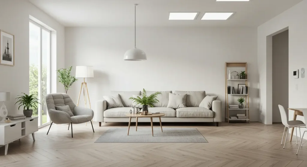 A bright, modern living room with a minimalist design. The room features a light gray sofa and a matching armchair, a round wooden coffee table, and a white TV console. A light-colored rug sits on a herringbone-patterned wood floor. The room is decorated with several green plants, a standing lamp, and a tall wooden bookshelf. Large windows and overhead panel lights fill the space with natural light.