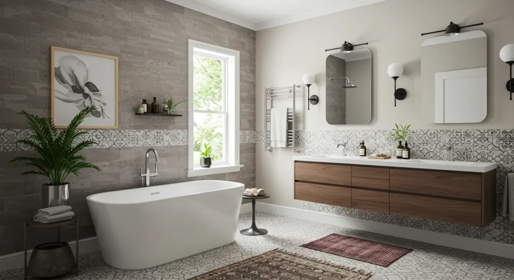 Rustic wooden cabin with a stone chimney, surrounded by tall pine trees and a clear starry night sky.