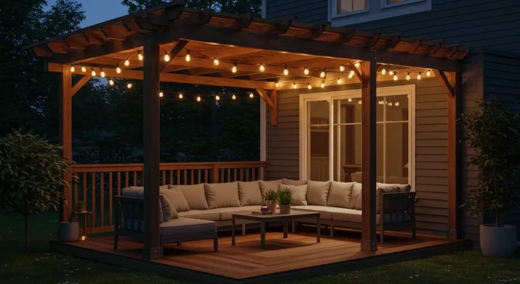 Modern city skylight with tall glass buildings, illuminated streets, and a clear night sky.