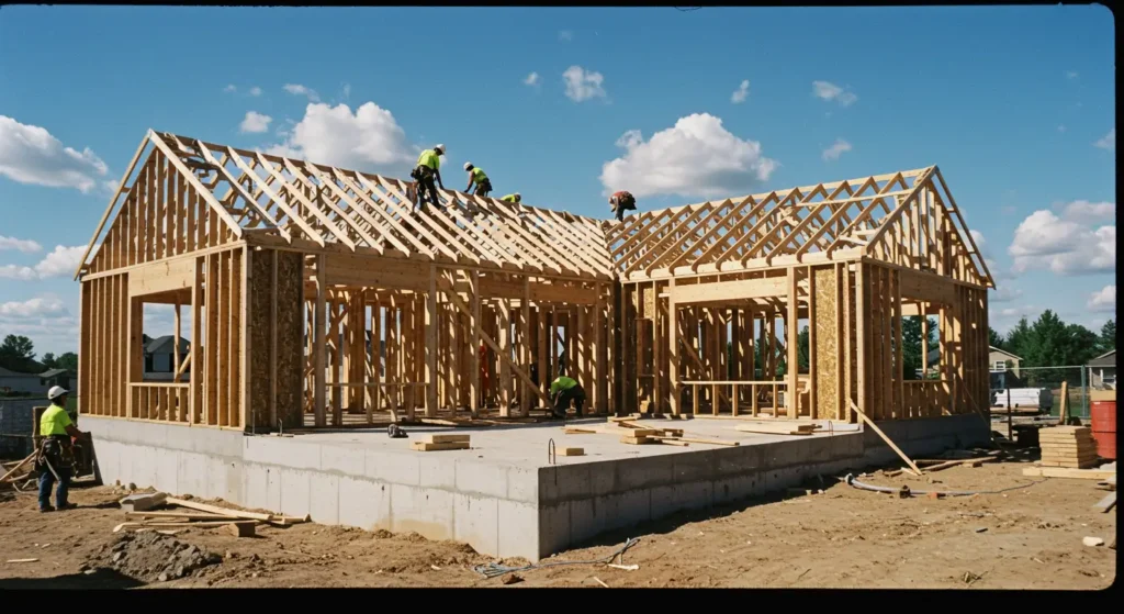 A bright, minimalist living room with white walls, a chevron-pattern wood floor, and sunlight streaming through two large windows. A low white cabinet with tapered legs sits in the center, flanked by a potted plant and a large arc floor lamp. A gray armchair and a small side table are on the left.