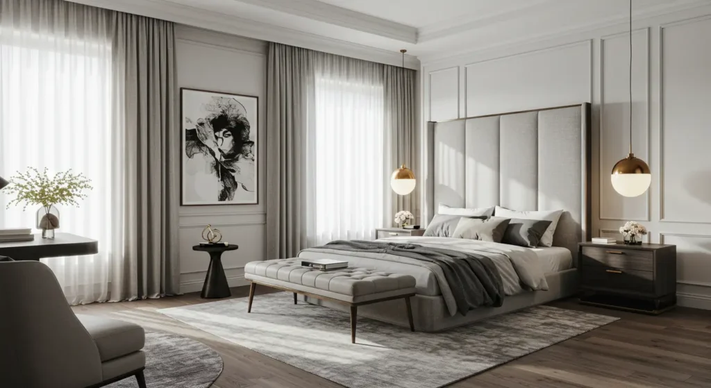 A luxurious bedroom with a large gray padded headboard and two gold pendant lights hanging on either side of the bed. The room has light wood floors, a plush gray area rug, a large black and white art piece, and floor-to-ceiling windows with gray curtains.