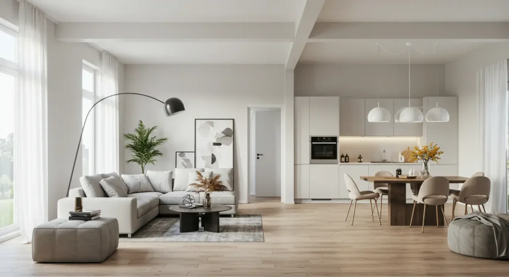 The image depicts a modern, open-plan living space with a minimalist design. The living area features a light gray sectional sofa with cushions, a round black coffee table, and a cushioned ottoman. A tall arched floor lamp with a black shade and a green potted plant add to the decor, along with abstract wall art.