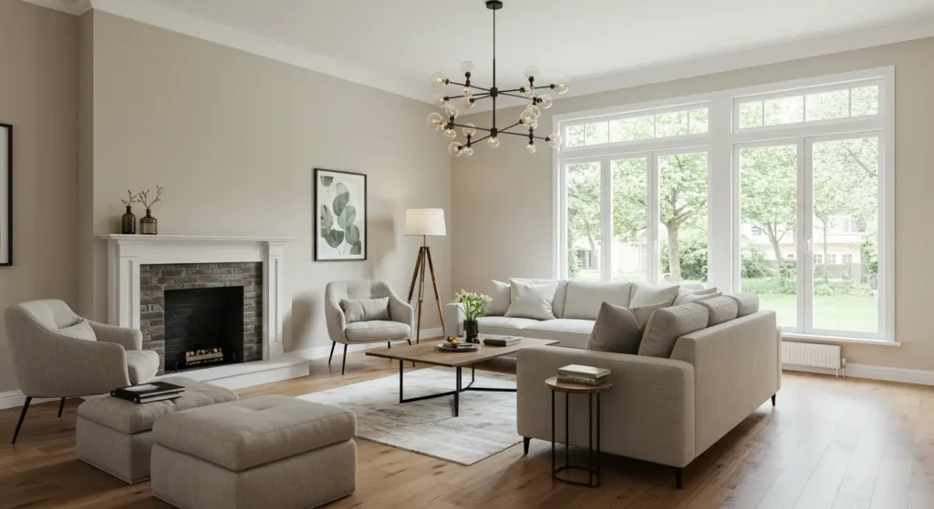 Cozy bedroom with white bedding, wooden headboard, soft lighting, and large windows overlooking a green landscape.