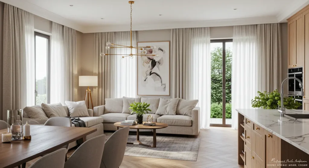 A bright, modern open-concept living room and kitchen. The living area features two light-colored sofas arranged in a corner, a round wooden coffee table, and a rug. The space is illuminated by a modern brass chandelier and a standing lamp. A large abstract painting hangs on the wall. The kitchen area on the right has light wood cabinets, a marble countertop, and a sink. A wooden dining table with chairs is visible in the foreground.