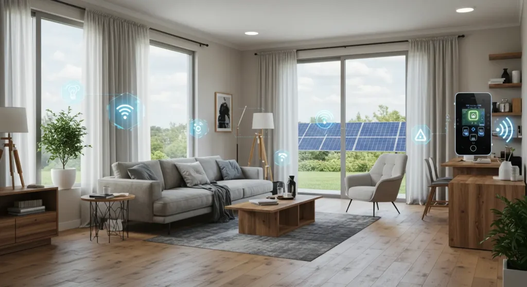 A modern living room and home office space with smart home features. The room has a gray sofa, a wooden coffee table, and large windows that look out onto a backyard with solar panels. Several blue holographic icons, including a light bulb, Wi-Fi symbol, and a hexagon, float in the air, suggesting smart connectivity. On the right, a smartphone displays a smart home app interface.