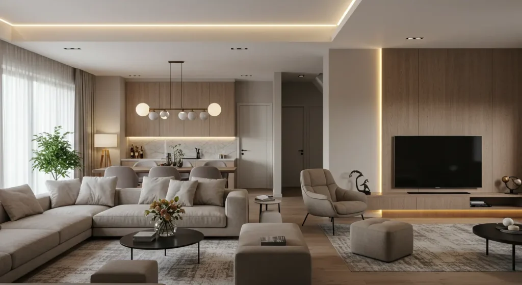 A luxurious, modern open-concept living room and dining area. The living room features a large L-shaped sofa and a separate armchair with an ottoman, all in neutral tones. A large TV is mounted on a light wood paneled wall with vertical lighting strips. The dining area has a wooden table and chairs, illuminated by a multi-sphere chandelier. The kitchen is visible in the background with light wood cabinetry and a marble backsplash. The ceiling has recessed lighting and LED strips, adding to the room's sleek design.