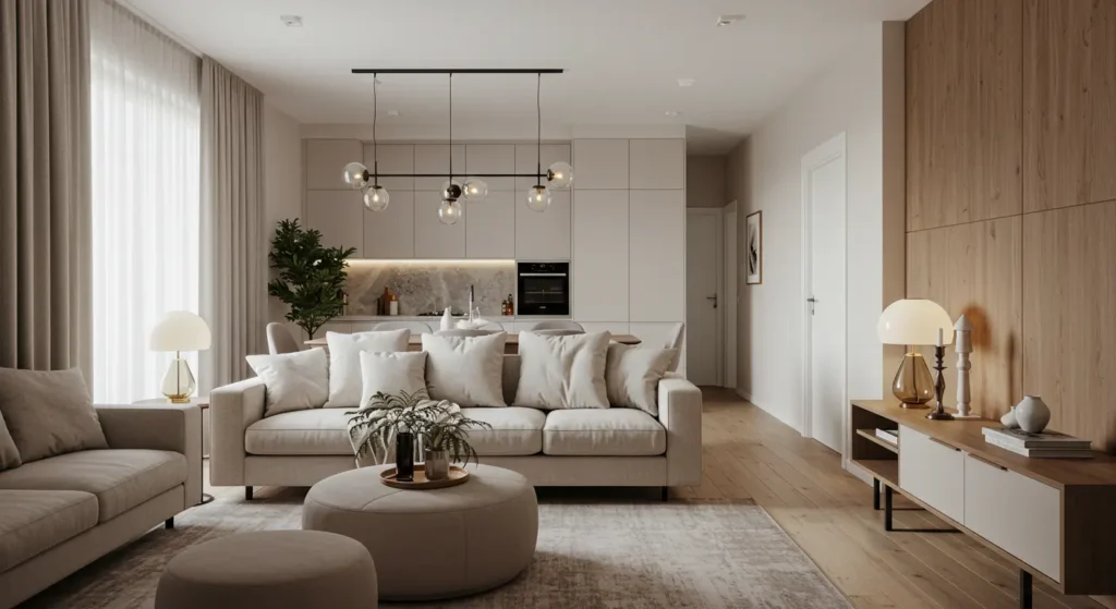 A clean and modern open-concept living room and kitchen. The living area features two light-colored sofas, an ottoman, and a plush rug. A modern, linear chandelier with multiple glass bulbs hangs over the sofas. On the right, a wooden media console sits against a wood-paneled wall. The kitchen in the background has light gray cabinetry, a marble backsplash, and a small dining table.