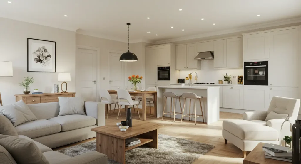 A bright and clean open-concept living room, dining area, and kitchen. The living space has a light-colored sofa and armchair with an ottoman, a rectangular wooden coffee table, and a plush gray rug. The dining area features a wooden table with four chairs and a black pendant light. The kitchen has white cabinets, a central island with bar stools, and stainless steel appliances. The room is well-lit with recessed ceiling lights and has light wood flooring throughout.