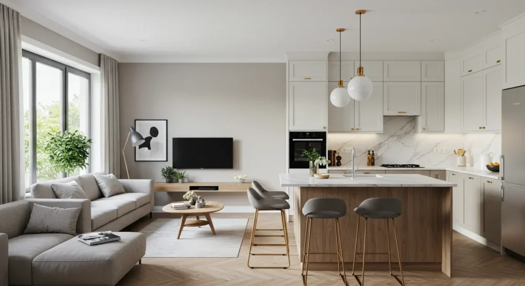 A contemporary open-concept living room and kitchen. The living area features a large light gray sectional sofa, a round wooden coffee table, and a wall-mounted television. The adjacent kitchen has white upper cabinets and light wood lower cabinets, a central island with a waterfall countertop and two gray bar stools. The room has a light wood herringbone floor and is lit by modern pendant lights and a floor lamp.