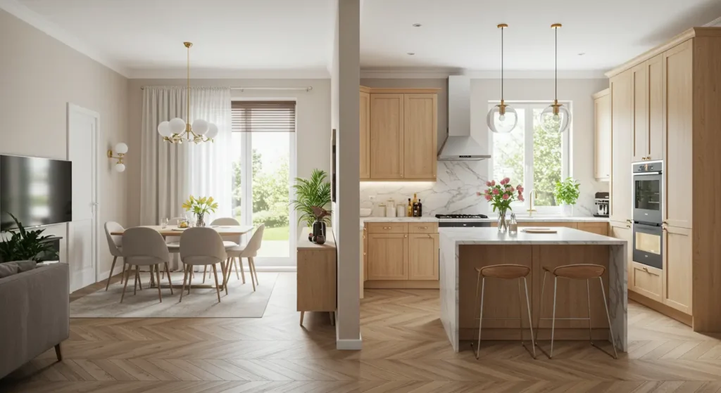 A split-view image of a modern kitchen and dining room with a shared color palette. The kitchen on the right features light wood cabinetry, a white marble backsplash and countertops, a central island with bar stools, and two pendant lights. The dining room on the left has a wooden table, four chairs, and a chandelier, all on a light rug. Both spaces have light wood floors in a herringbone pattern.