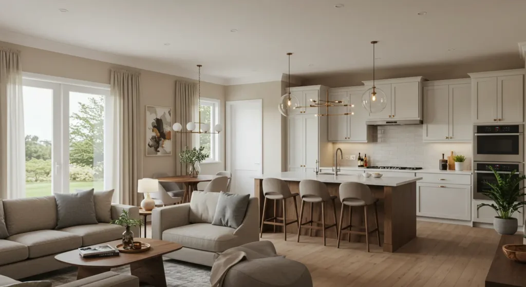 A contemporary open-concept living room, kitchen, and dining area. The living room has two light-colored sofas, a wooden coffee table, and a gray rug. The kitchen features an island with a light wood base, a white countertop, and three bar stools. The dining area has a round table and chairs. The room has light wood floors and is lit by modern chandeliers.