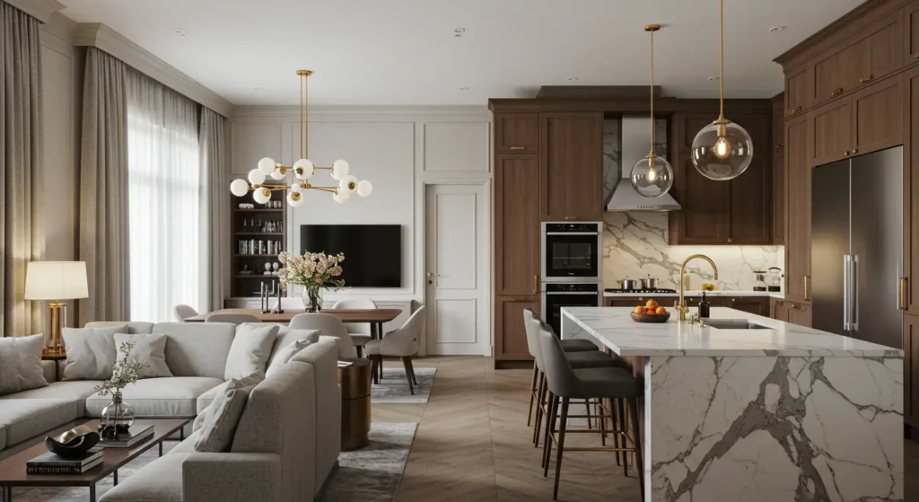 A luxurious and elegant open-concept living room, dining room, and kitchen. The kitchen on the right features dark wood cabinetry, a large marble island with bar stools, and two glass pendant lights. The living and dining areas on the left have a light-colored sectional sofa, a dining table with chairs, and a large TV on the wall. A multi-bulb chandelier hangs over the dining area, and the floor is a light wood herringbone pattern.