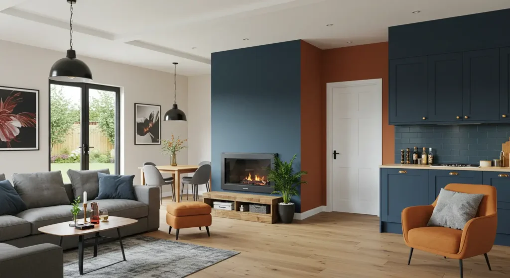 A contemporary open-concept living room and kitchen with a bold color palette. The living area has a gray sectional sofa, a coffee table, and a rug. An orange armchair and ottoman provide a pop of color that complements the reddish-brown accent wall. A fireplace is built into the base of a dark blue accent wall that extends into the kitchen area. The kitchen has dark blue cabinets and a subway tile backsplash. A small dining table and chairs sit between the two spaces.