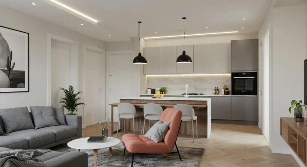 A stylish open-concept living room and kitchen. The living area features a gray sofa, a white round coffee table, and a plush rug. A pinkish-orange armchair adds a pop of color. The kitchen has light gray upper cabinets and darker gray lower cabinets, with a light wood-paneled island that includes seating. Two black pendant lights hang over the island. The room has a light wood herringbone floor.