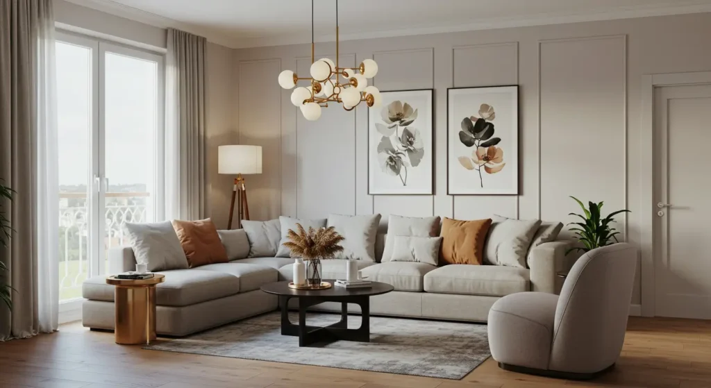 A contemporary living room with a neutral color scheme and warm accents. The space features a large light gray sectional sofa with orange pillows and a matching armchair. A round black coffee table and a gold side table sit on a gray rug. The wall behind the sofa is decorated with two framed paintings of flowers. A large, multi-bulb brass chandelier hangs from the ceiling.