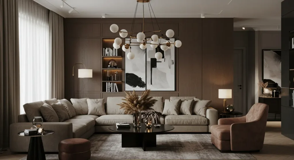 A sophisticated living room with a neutral color scheme and dark brown accent walls. The space features a large light gray sectional sofa, a round black coffee table, and a light pink armchair. A large, multi-sphere brass chandelier hangs over the seating area. The wall behind the sofa has a built-in bookshelf and a large abstract painting.