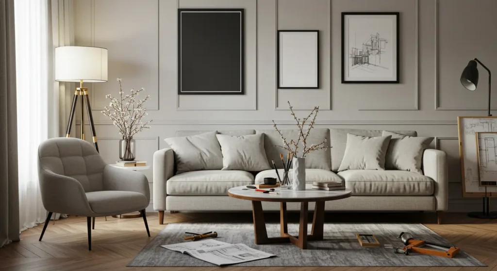A living room with an artistic, modern design aesthetic. The room features a light gray sofa and a matching armchair, a round coffee table, and a rug. The walls are decorated with three framed artworks, one a solid black canvas, one a blank canvas, and one a line drawing of a building. The floor has a light wood herringbone pattern, and a blueprint and a tool are on the rug, suggesting an artistic or architectural workspace.
