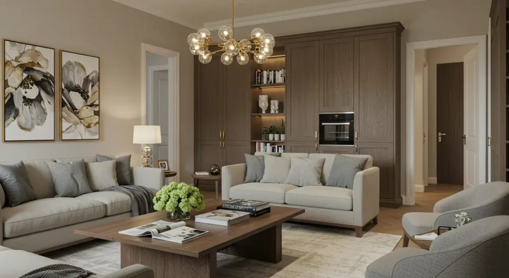 A sophisticated and modern living room with a neutral color scheme. The space features two light-colored sofas, two gray armchairs, and a large wooden coffee table on a light-colored rug. A large cabinet with built-in shelves and an oven is against the far wall. The room is decorated with a large, multi-sphere brass chandelier and two framed floral paintings.