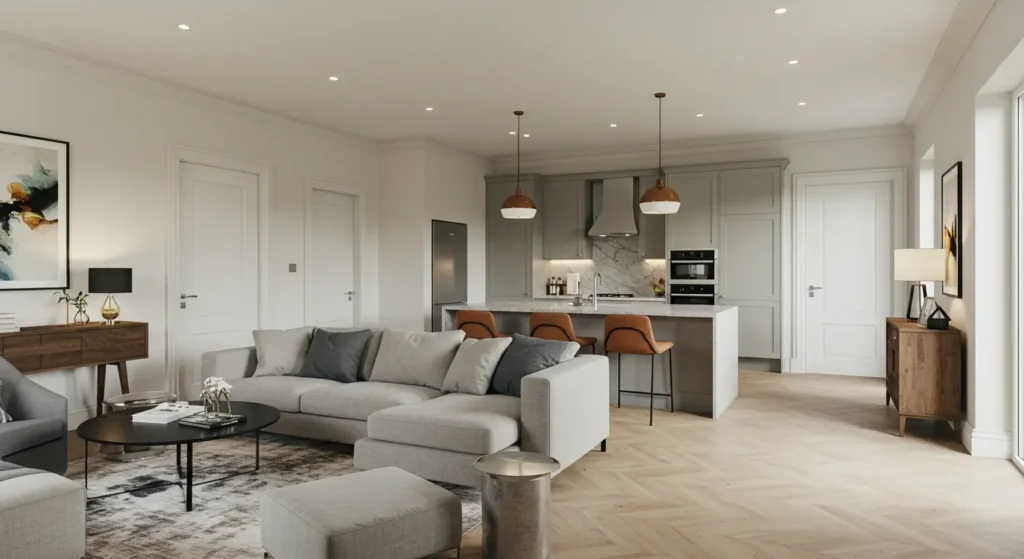 A spacious open-concept living room and kitchen. The living area features a large light gray sectional sofa, a black round coffee table, and a plush rug. The kitchen has light gray cabinetry, a central island with a waterfall countertop and three brown bar stools. The room has light wood herringbone flooring and is illuminated by two copper pendant lights over the island.