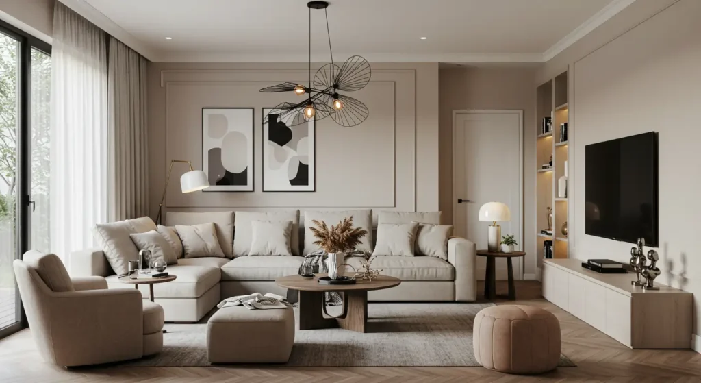 A sophisticated, modern living room with a neutral color palette. The room features a large sectional sofa, a small armchair, and two round coffee tables. The walls are decorated with two framed abstract art prints and have decorative molding. The room is illuminated by a unique, modern chandelier with a black wire design and a standing lamp. A built-in shelving unit with a television is on the right side of the room.