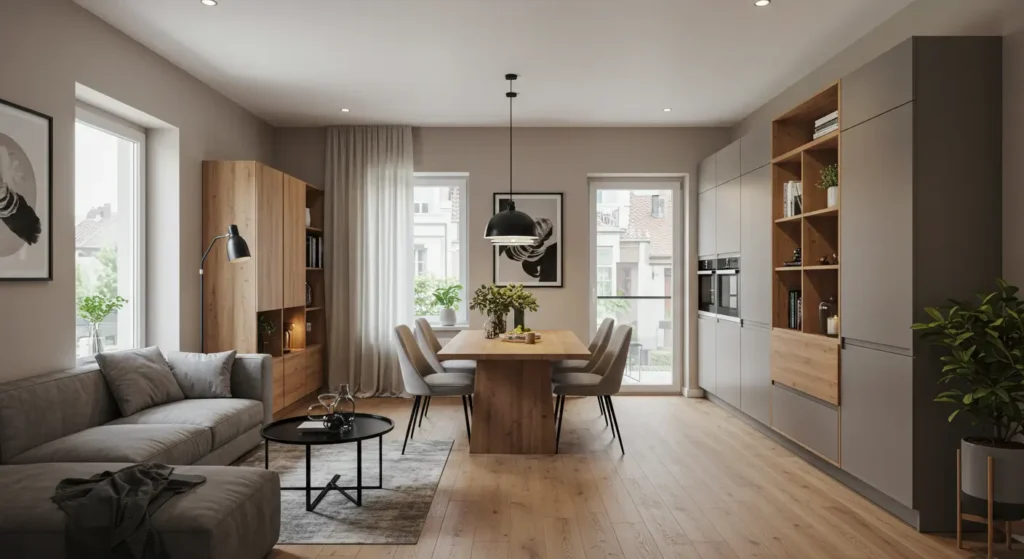 A bright, open-concept living and dining room with a neutral color palette. The living area has a gray sectional sofa, a black coffee table, and a wooden bookshelf. In the center, a wooden dining table with six gray chairs sits under a black pendant light. The kitchen area on the right has gray cabinets and wooden shelves and accents. The space has light wood flooring and is decorated with several plants and framed artworks.