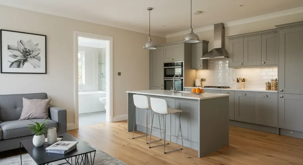 A contemporary open-concept living room and kitchen. The living area features a gray sofa and a black coffee table on a rug. The kitchen has gray cabinets, a central island, and white countertops. Two white bar stools are pulled up to the island, which is lit by two silver pendant lights. A doorway leads to a bathroom with a white tub. A large black and white floral print hangs on the wall.