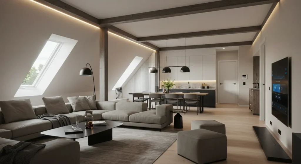 A spacious and modern open-concept living room, dining room, and kitchen. The living area features a large gray sectional sofa, a black coffee table, and two ottomans on a dark rug. The dining area has a wooden table with gray chairs and a three-light pendant fixture. The kitchen has sleek white cabinets and a dark island. The room's architecture includes an angled ceiling with large skylight windows, exposed wooden beams, and LED strip lighting.
