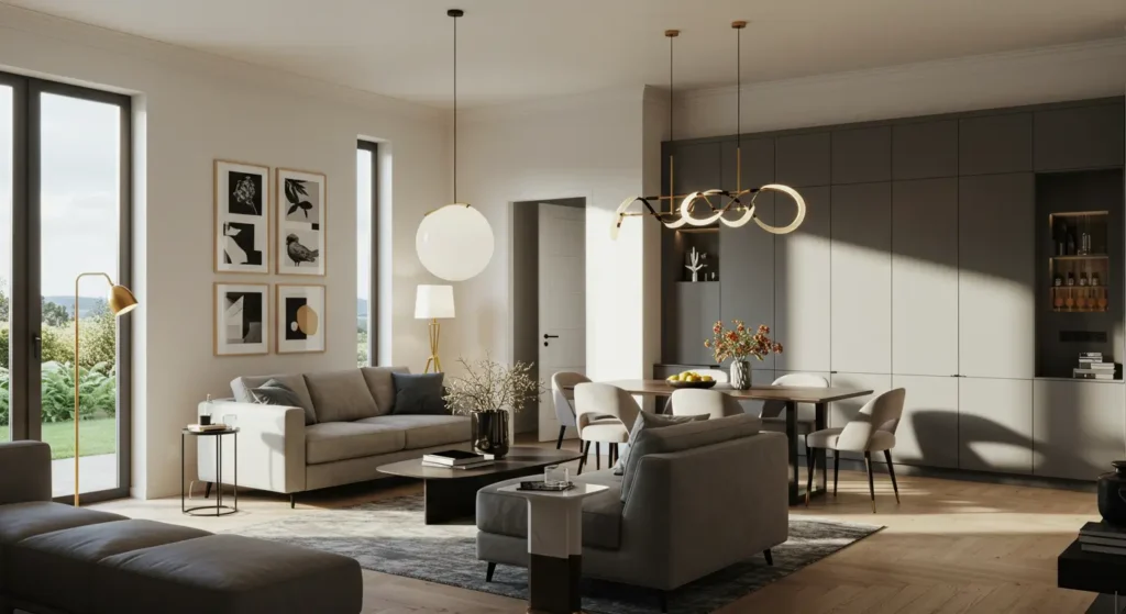 A contemporary open-concept living and dining room with a neutral color scheme. The living area features two light gray sofas, a dark coffee table, and a rug. The dining area has a dark wooden table with upholstered chairs, set against a wall of dark gray built-in cabinets. The room is decorated with modern chandeliers and a gallery wall with four framed black and white prints.