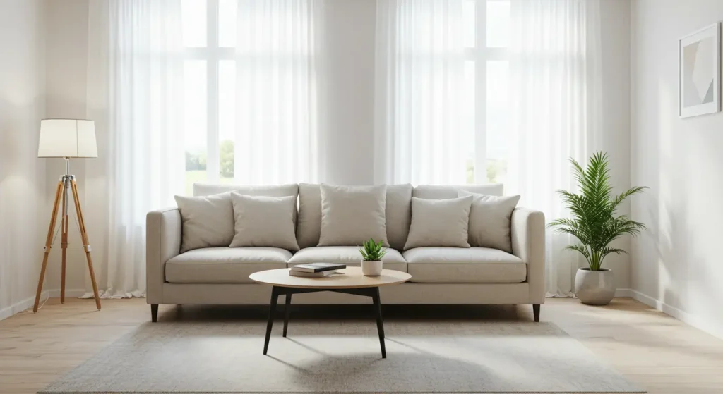 Cozy lounge area with a stone fireplace, plush sofa, warm lighting, and a wooden coffee table with books.